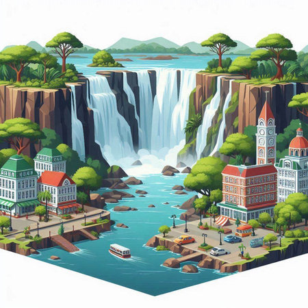 Waterfall in the forest with buildings and a river. Vector illustrationのイラスト素材