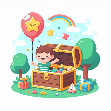 Cute little boy with a treasure chest in the park. Vector illustrationのイラスト素材