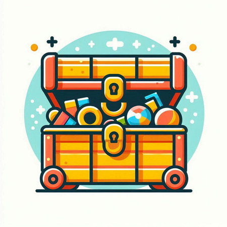 Treasure chest flat icon. Vector illustration of chest filled with treasures.のイラスト素材