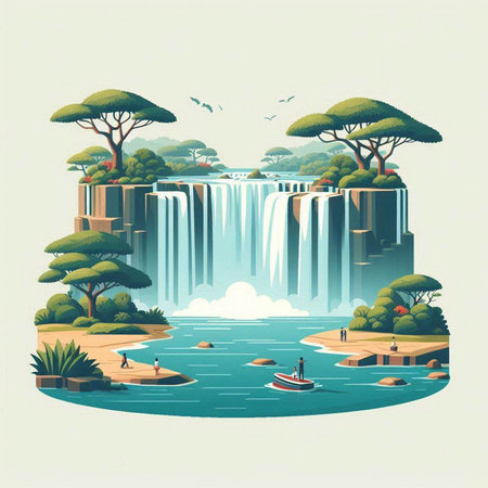 Waterfall and lake in the jungle. Vector illustration for your designのイラスト素材