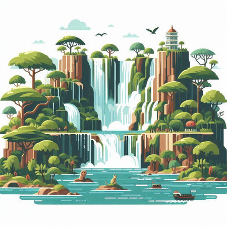 Waterfall on the river. Waterfall in the tropics. Vector illustrationのイラスト素材