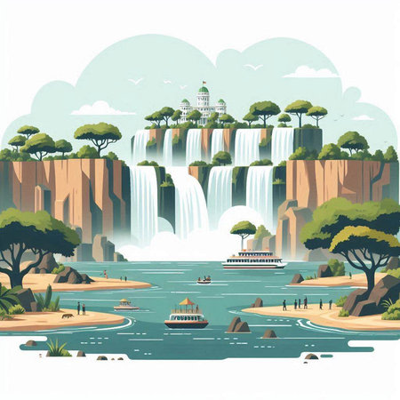 Waterfall in flat style, vector illustration. Landscape with waterfalls.のイラスト素材