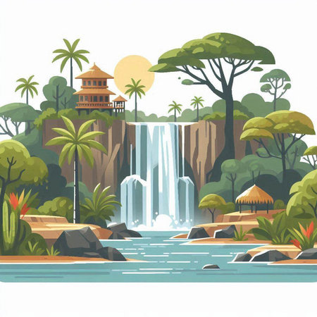 Waterfall in the jungle. Vector illustration in a flat style.のイラスト素材