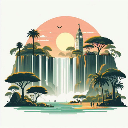 vector illustration of a sunset over the world's famous Niagara Falls.のイラスト素材