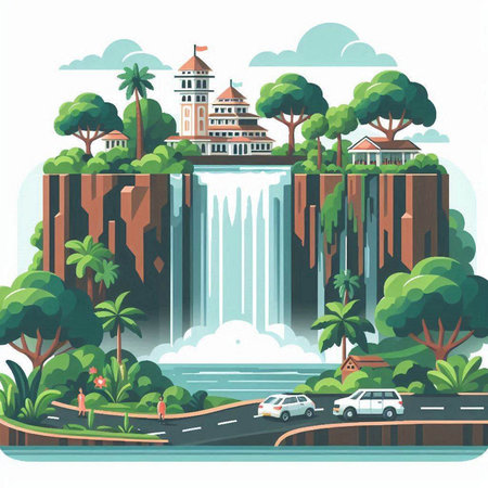 Waterfall on the island. Waterfall in the jungle. Flat style vector illustration.のイラスト素材