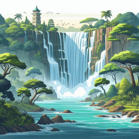Illustration of a beautiful waterfall on a background of the jungle.のイラスト素材