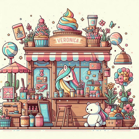 Vector illustration of ice cream shop in cartoon style with cute animals.のイラスト素材