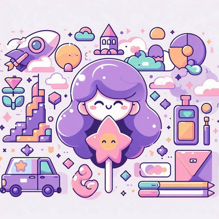 Vector illustration of cute little girl with rocket, clouds and colorful iconsのイラスト素材