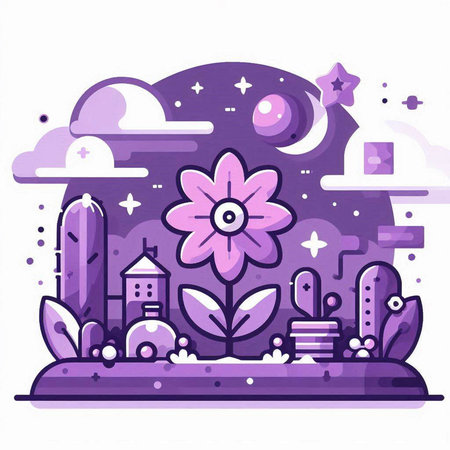Vector illustration of fantasy landscape with flowers, cactuses, houses, moon and stars.のイラスト素材