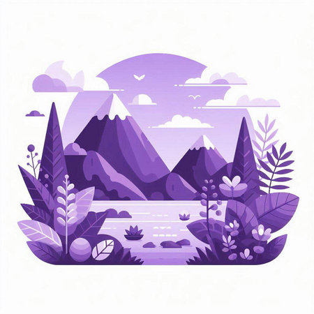 Landscape with mountains, river, forest and flowers. Vector illustration.のイラスト素材