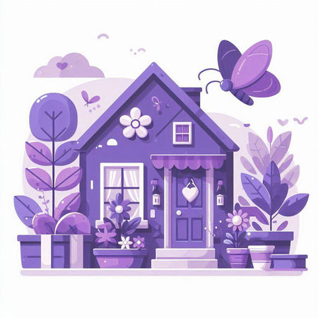 Vector illustration of cute house with flowers and butterflies. Flat style design.のイラスト素材