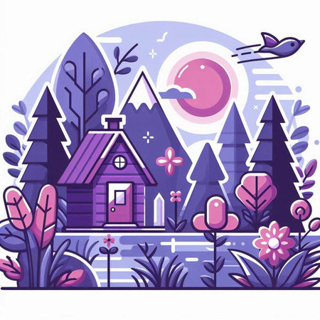 Cottage in the forest. Vector illustration in a flat style.のイラスト素材