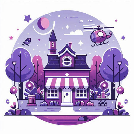 Vector illustration of a cute cartoon house with awning and a flying helicopter.のイラスト素材