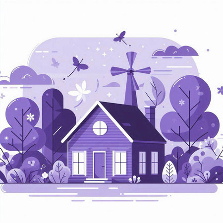 Vector illustration of a house in the forest with trees and butterflies.のイラスト素材