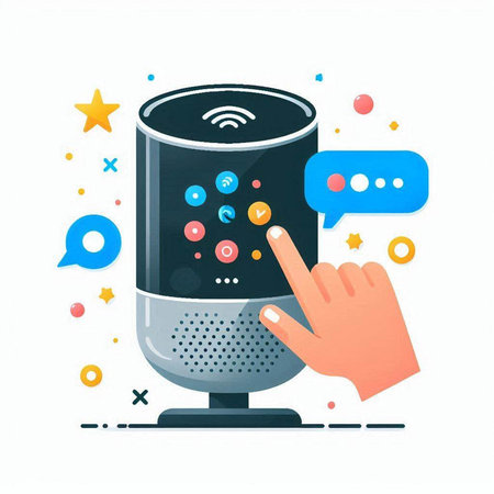 Smart speaker. Flat style vector illustration on white background with speech bubbles.のイラスト素材