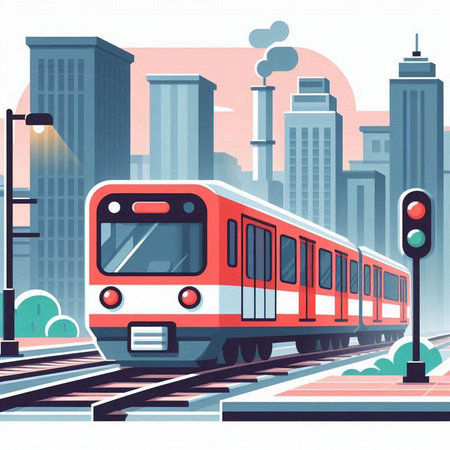Train on the background of the city. Vector illustration in flat styleのイラスト素材