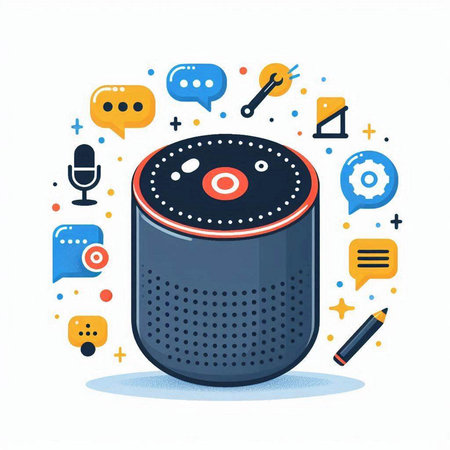 Smart speaker with speech bubbles. Vector illustration in flat design style.のイラスト素材