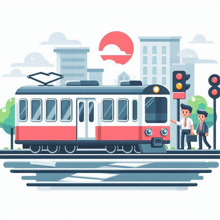 Vector illustration of a train on the background of the city. Flat style.のイラスト素材