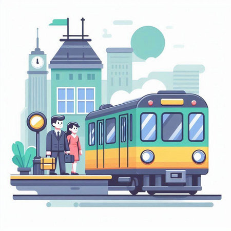 Train and passengers on the platform. Vector illustration in flat style.のイラスト素材