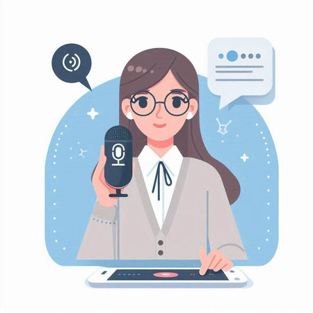 Female journalist with microphone and tablet. Vector illustration in flat style.のイラスト素材