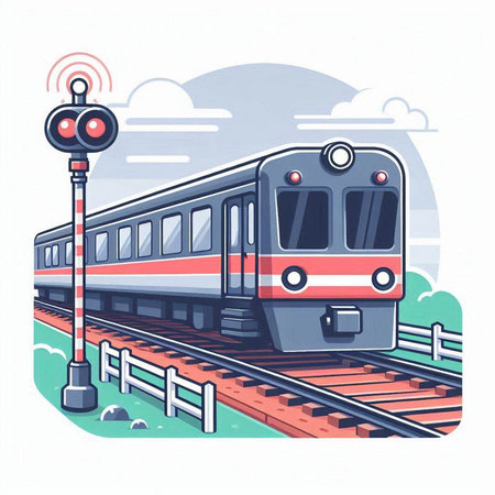 Train on the railway. Railway station. Vector illustration in flat style.のイラスト素材