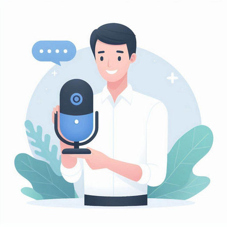 Man with a microphone in his hand. Vector illustration in a flat styleのイラスト素材
