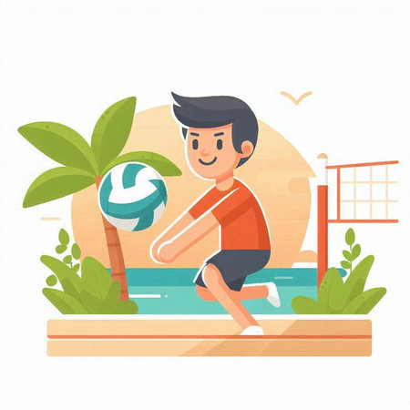 Boy Playing Volleyball Flat Vector Illustration. Cartoon Character with Ballのイラスト素材
