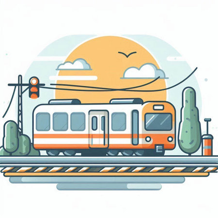Train on the road. Vector illustration in flat cartoon style. Transportation concept.のイラスト素材