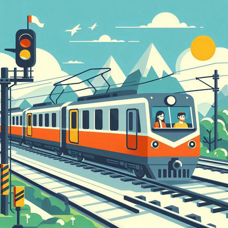 Train on the railway station. Vector illustration in flat design style.のイラスト素材