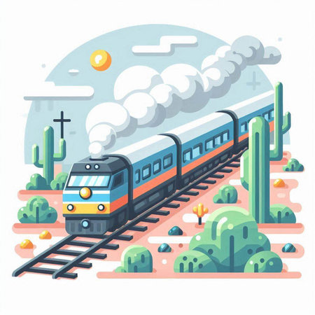Train in the desert. Vector illustration in flat style on white background.のイラスト素材