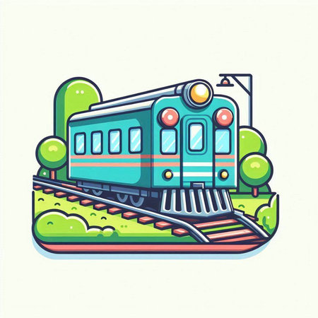Vector illustration of a train on a background of green grass and trees.のイラスト素材