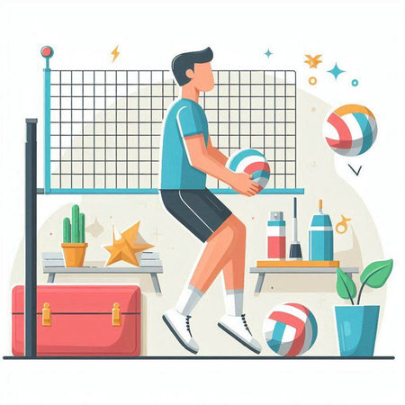 Man playing volleyball at home flat vector illustration. Cartoon male player in sportswear standing in front of net with balls.のイラスト素材