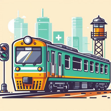 Train on the background of the city. Vector illustration in flat style.のイラスト素材