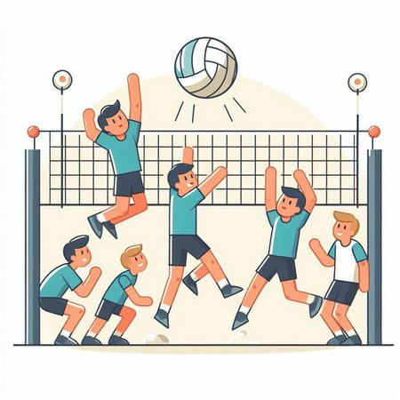 Volleyball players. Boys and girls playing volleyball. Vector illustrationのイラスト素材