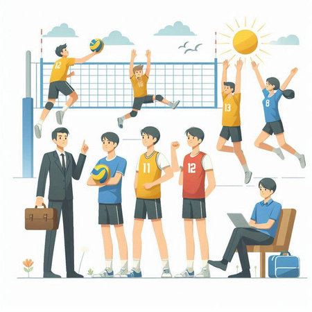Volleyball team. Young men and women in sportswear playing volleyball. Vector illustrationのイラスト素材