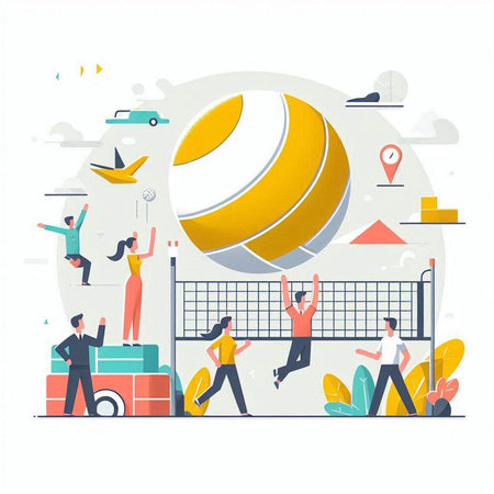 Vector illustration of people playing volleyball. Teamwork concept in flat style.のイラスト素材