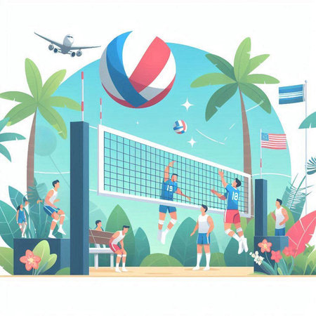 Volleyball sport background. People playing volleyball. Vector illustration.のイラスト素材