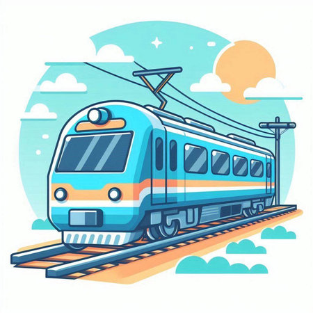 Train on the background of the sky and clouds. Vector illustration.のイラスト素材