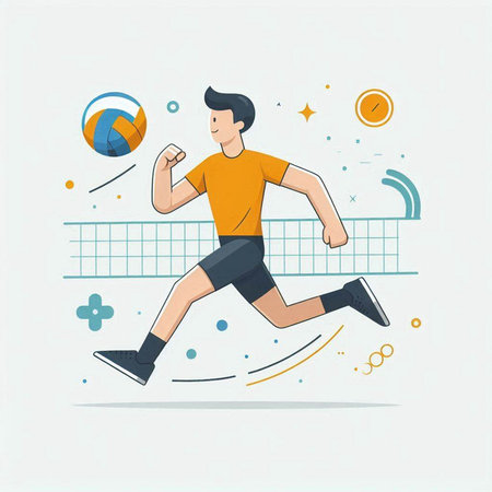 Illustration of a man playing volleyball. Vector illustration in flat style.のイラスト素材