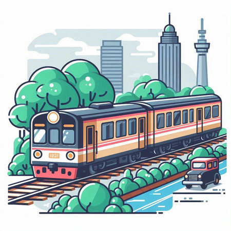 Train on the railway tracks in the city. Vector illustration in flat style.のイラスト素材