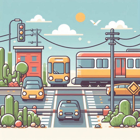 Vector illustration of a city street with trains, cars and trees.のイラスト素材