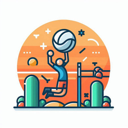 Volleyball flat color line icon. Vector illustration. Volleyball player with ball on the beach.のイラスト素材