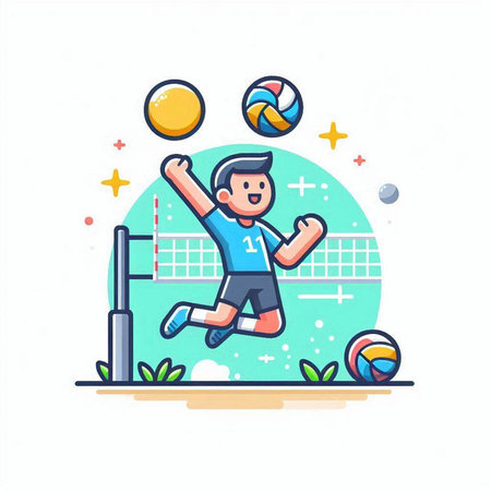 Cartoon man playing volleyball. Vector illustration of a boy playing volleyball.のイラスト素材