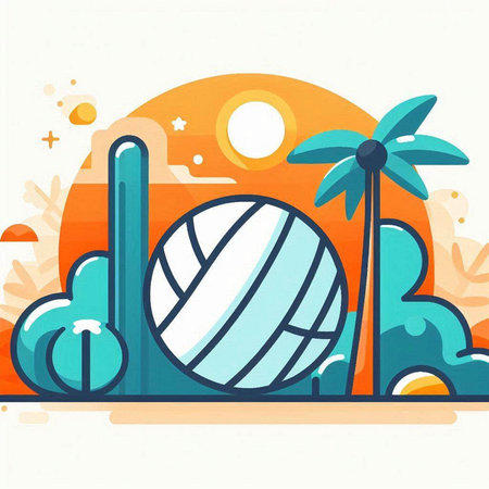 Vector illustration of summer background with beach ball, palm trees and sunのイラスト素材