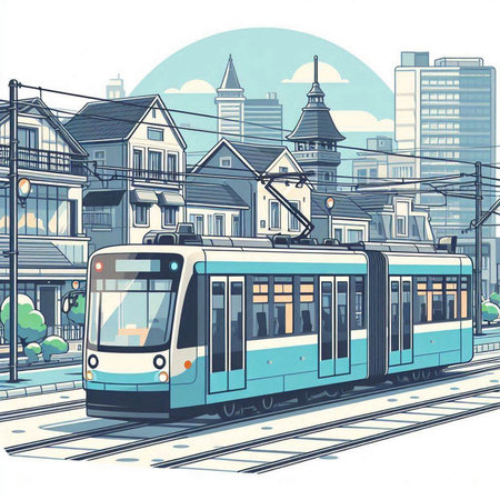 Modern tram on the background of the city. Vector illustration in retro style.のイラスト素材