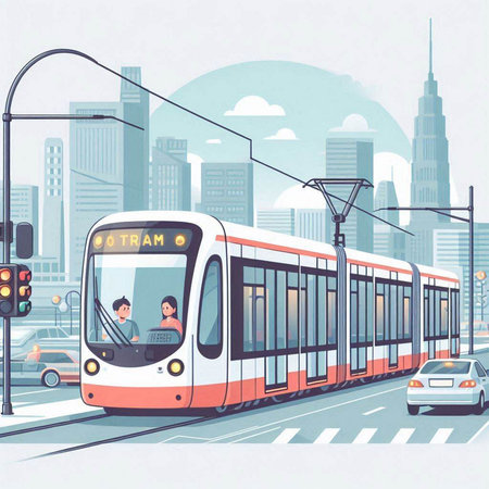 Vector illustration of a modern tram on the background of the city.のイラスト素材