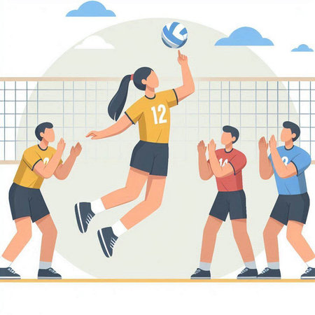Volleyball players on court vector illustration. Cartoon young women and men playing volleyball.のイラスト素材