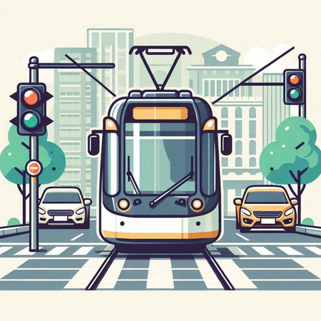 Modern tram on the city street. Vector illustration in flat style.のイラスト素材