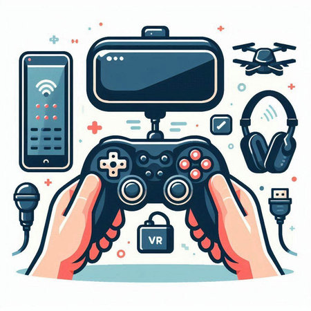 Hand holding gamepad with remote control. Flat style vector illustration.のイラスト素材
