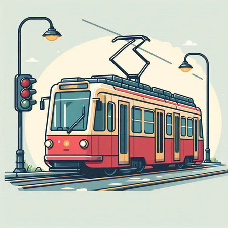 Vector illustration of a red tram in the city. Retro style.のイラスト素材